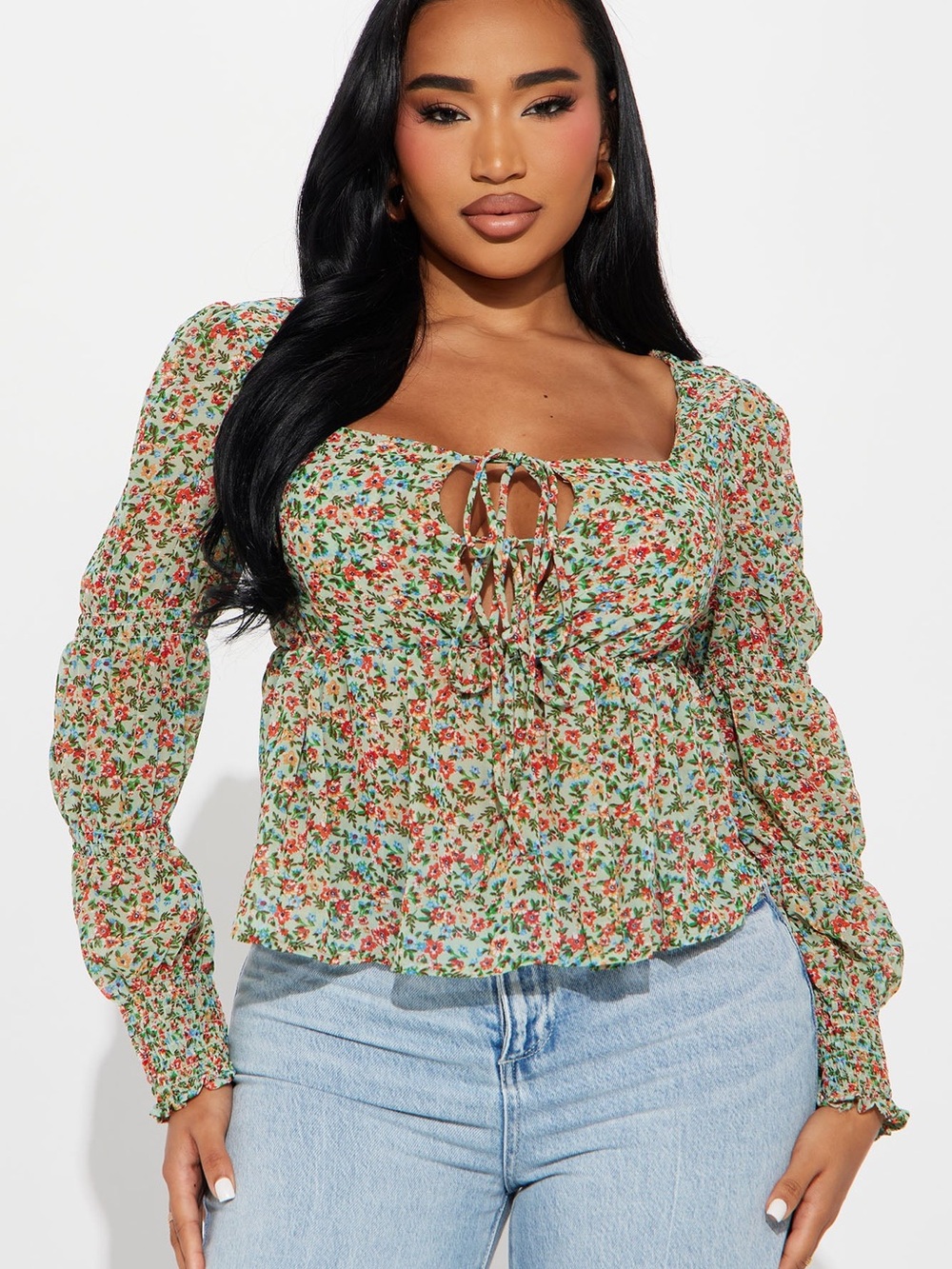 Fashion Nova Green Floral Tie-Front Peasant Blouse